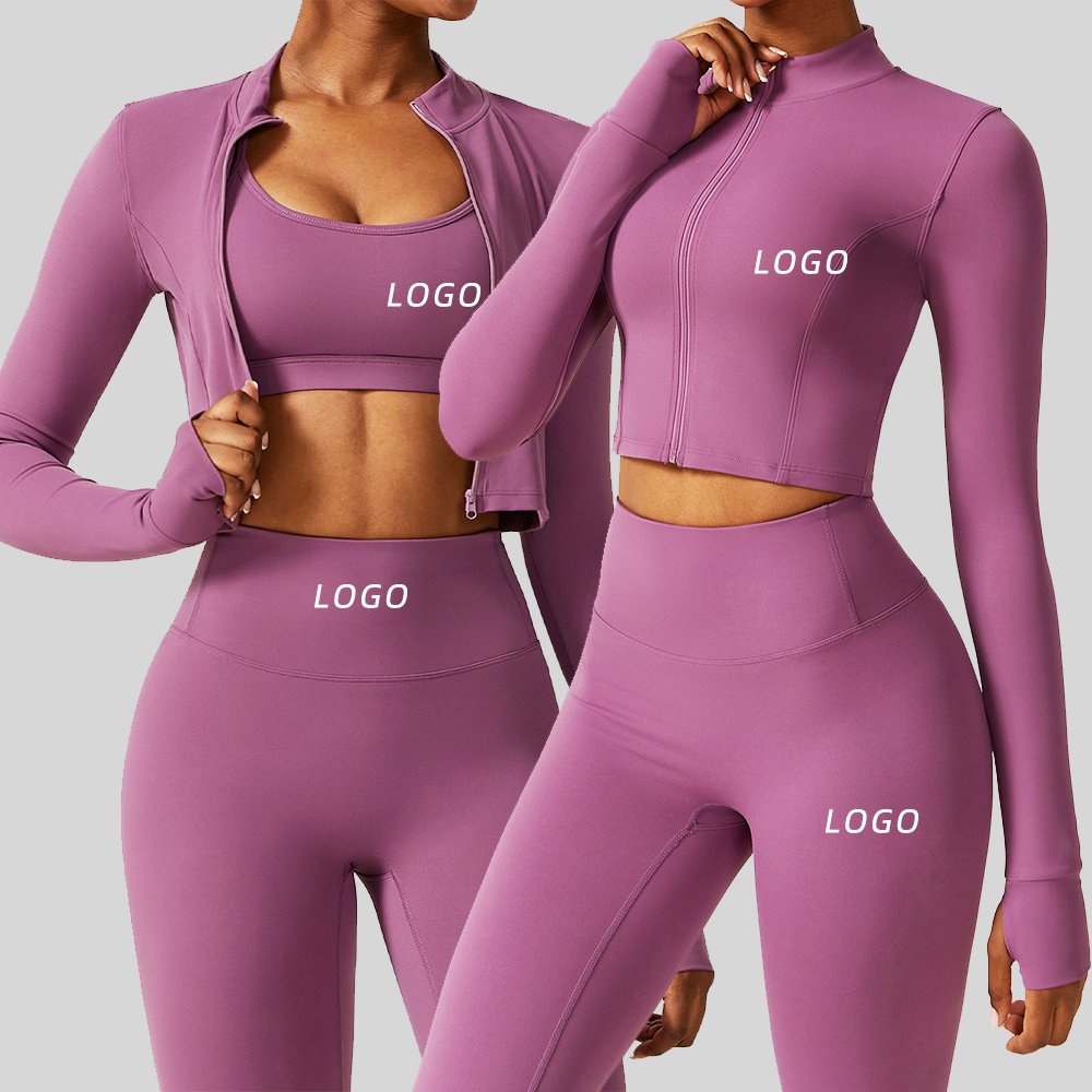 Wholesale Custom Women's Clothing Yoga Three Pcs Set Workout Gym Fitness Training Bra and Coat and Leggings Sport wear Suit