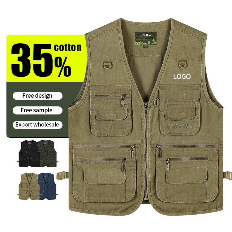 High Quality Custom Logo Men's Multi Pockets 100% Cotton Cargoes For Hiking Camping Woking Vest