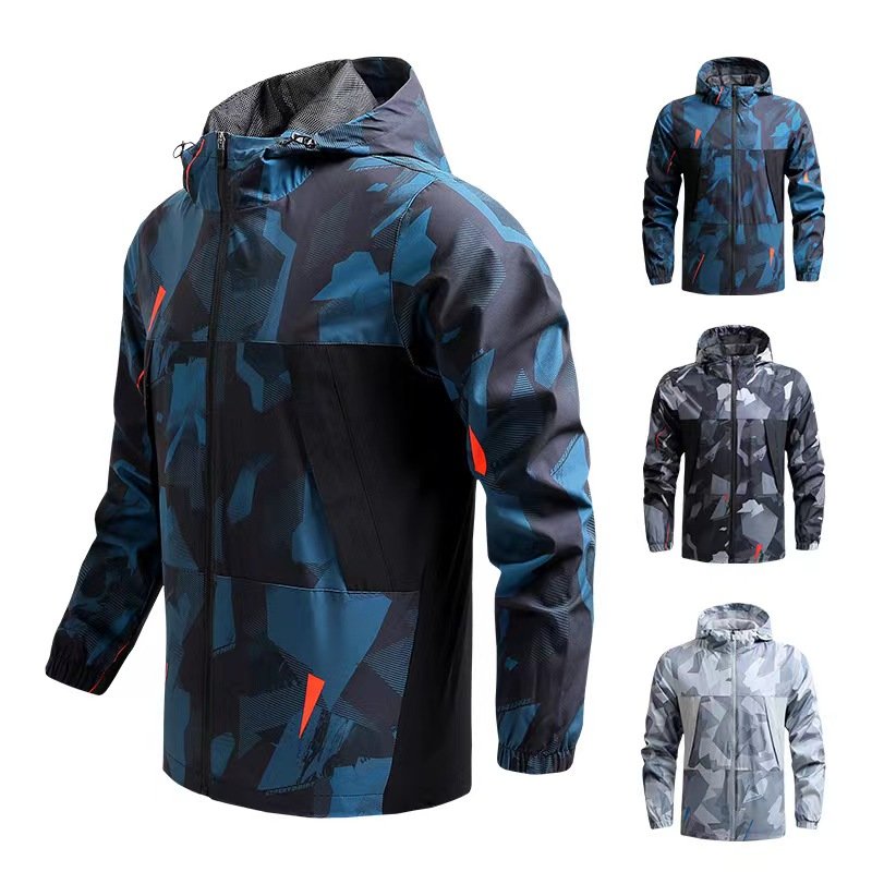 High Quality Cycling Hunting Running Outdoor Coats Custom Sport Polyester Hooded Camo Windbreaker Jacket For Men