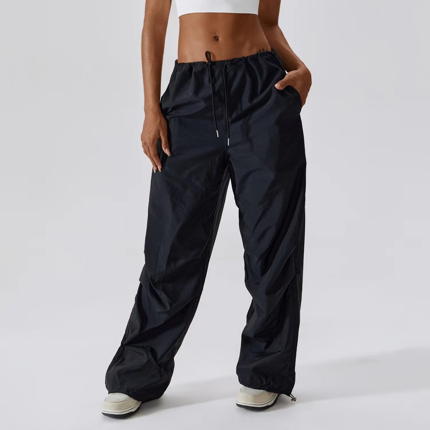 Summer high waist quick dry sports trousers women's leggings American loose straight casual pocket overall trousers
