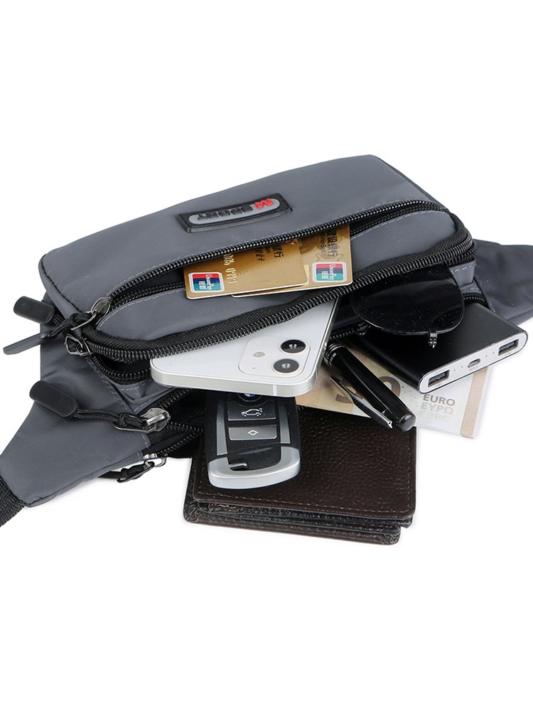 A man with a mobile phone, a man with a large multi-capacity belt kit, a woman with a waterproof and grinding purse