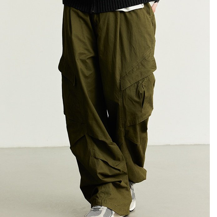Men's Loose Cotton High Waist Jogger Sports Trousers Casual Athletic Baggy Cargo Pants Button Flat Hiking Outdoor Sports