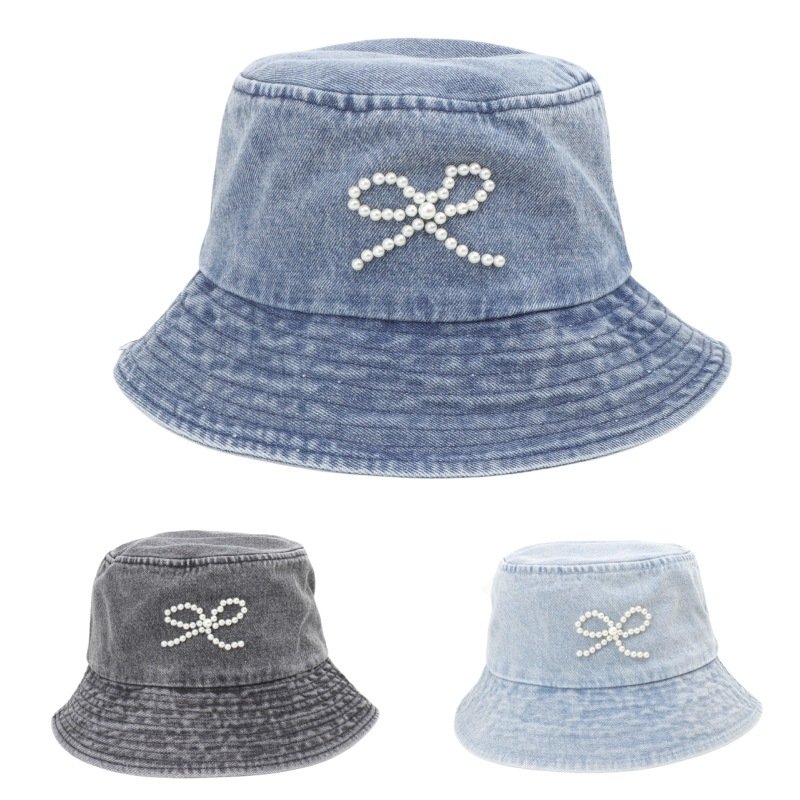 Pearl bow cowboy fisherman hat female spring/summer Korean fashion all retro wash basin hat sun protection hat