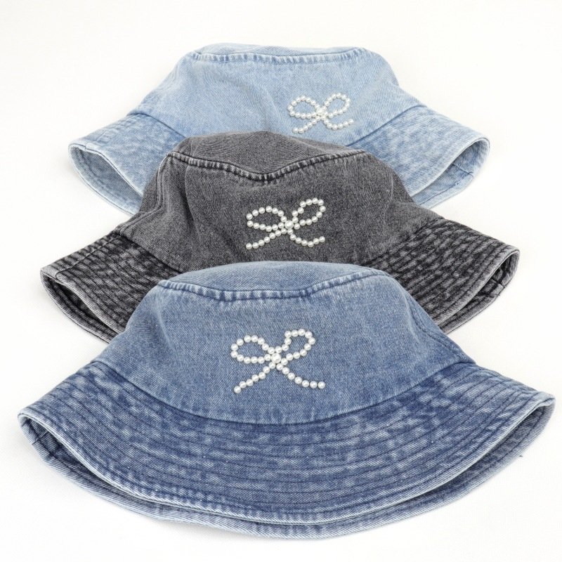 Pearl bow cowboy fisherman hat female spring/summer Korean fashion all retro wash basin hat sun protection hat