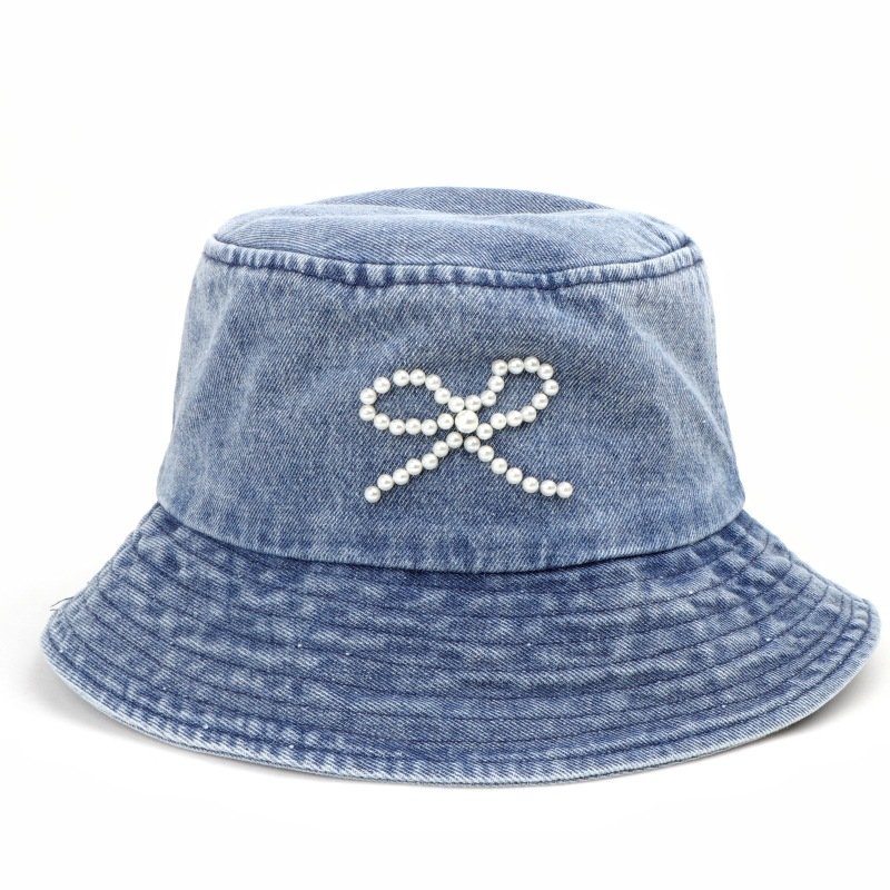 Pearl bow cowboy fisherman hat female spring/summer Korean fashion all retro wash basin hat sun protection hat