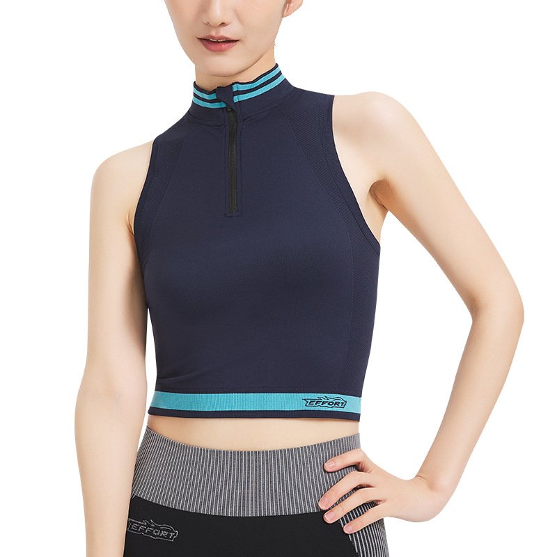 Outdoor Hiking Climbing Sweat-wicking Half-zipper Stretch Seamless Top High Collar Sleeveless Sports Running Yoga Vest for Women