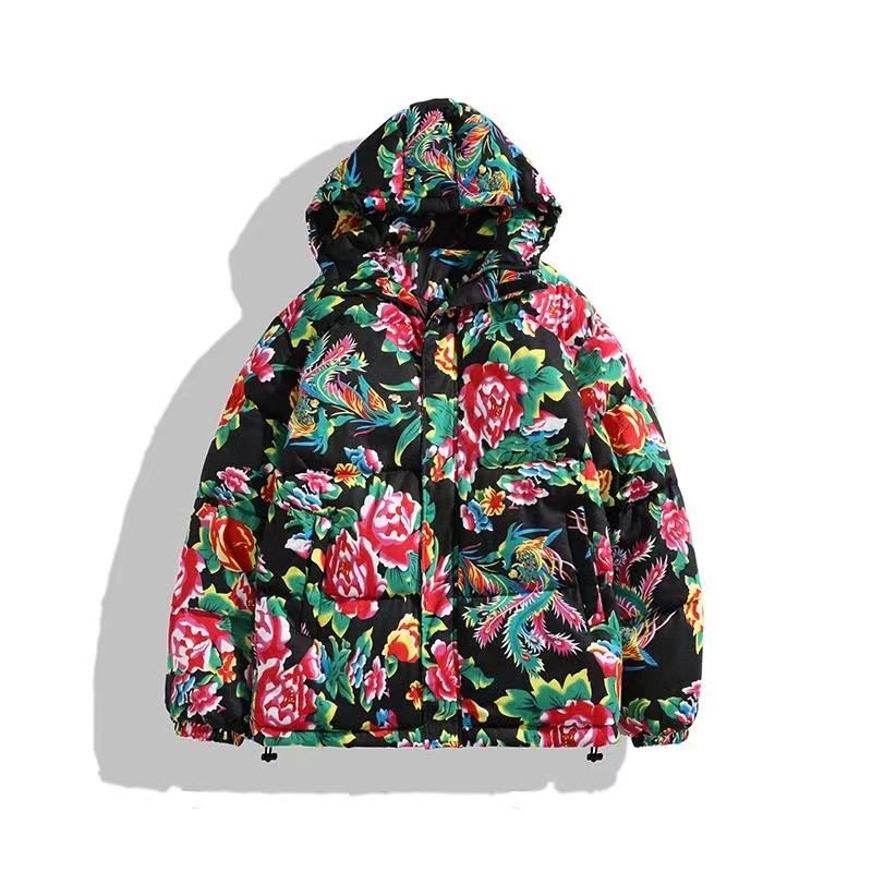 Winter Northeast Flower Printed Puffer Jackets Cotton-padded Unisex Thickened Coats Outdoor USA Fashion Custom Warm Jacket