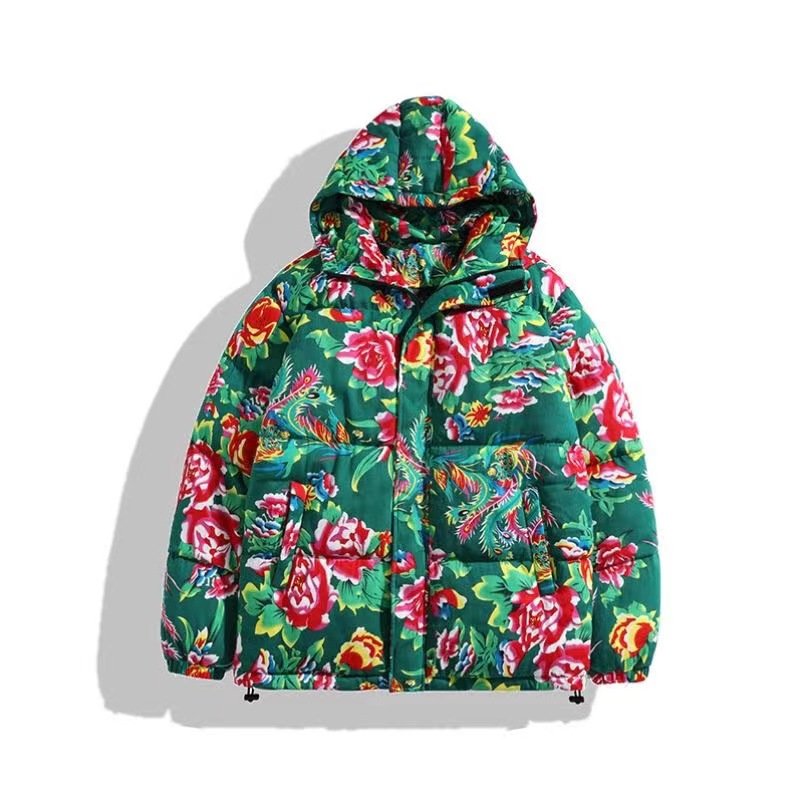 Winter Northeast Flower Printed Puffer Jackets Cotton-padded Unisex Thickened Coats Outdoor USA Fashion Custom Warm Jacket