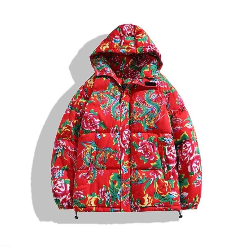 Winter Northeast Flower Printed Puffer Jackets Cotton-padded Unisex Thickened Coats Outdoor USA Fashion Custom Warm Jacket