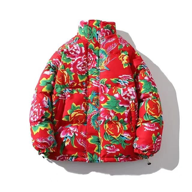 Winter Northeast Flower Printed Puffer Jackets Cotton-padded Unisex Thickened Coats Outdoor USA Fashion Custom Warm Jacket
