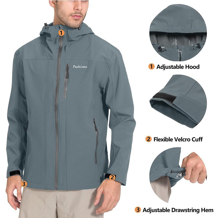 Men's Rain Jacket Waterproof Breathable Outdoor Jacket Lightweight Windbreaker with Hood for Hiking