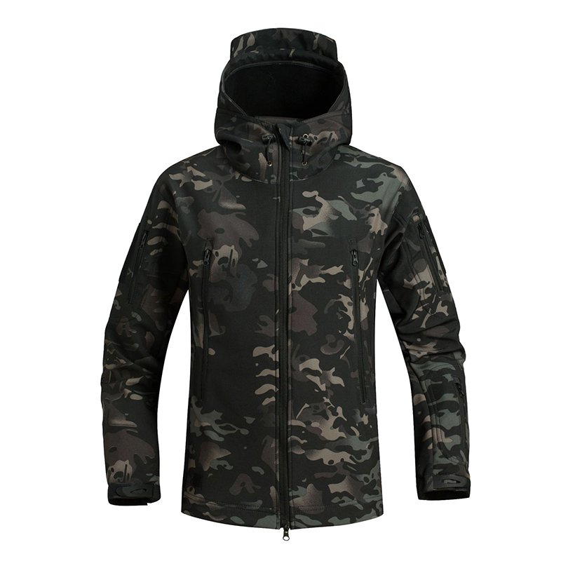 Outdoor tactics polar fleece hardshell waterproof hooded hiking clothing Autumn and winter plus fleece windproof riding coat