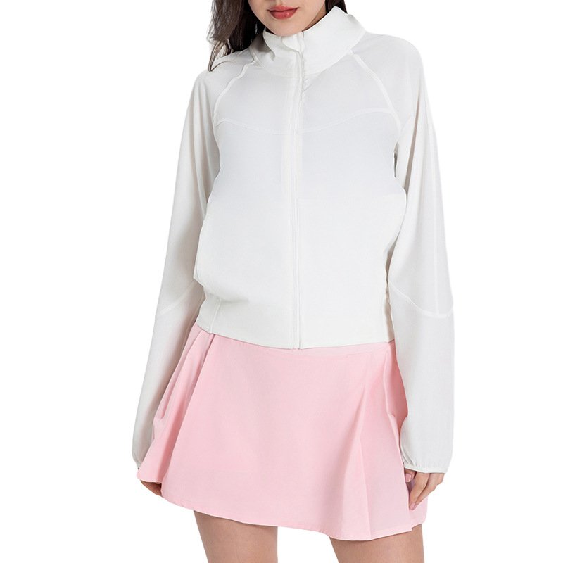 Summer Women Stand Collar Anti-UV Full Zip Jacket Light Weight Loose Fit Outdoor Hiking Coat Casual Sports Active Wear UPF50+