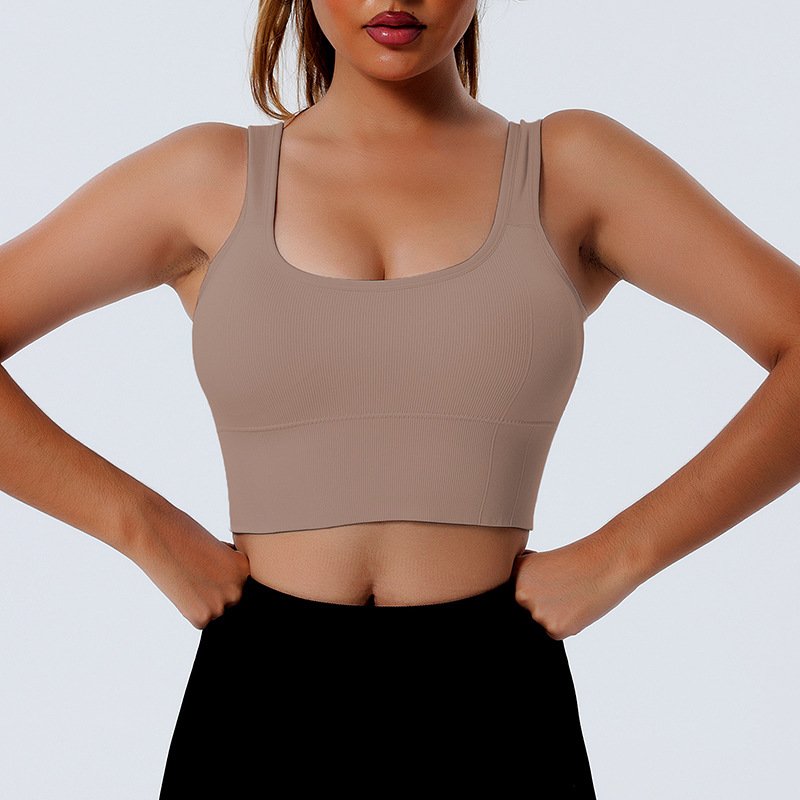 Women Ribbed Shockproof Yoga Vest Lady Thick Shoulder Strap Tight Gym Top Female Open Back Gather Running Fitness Bra