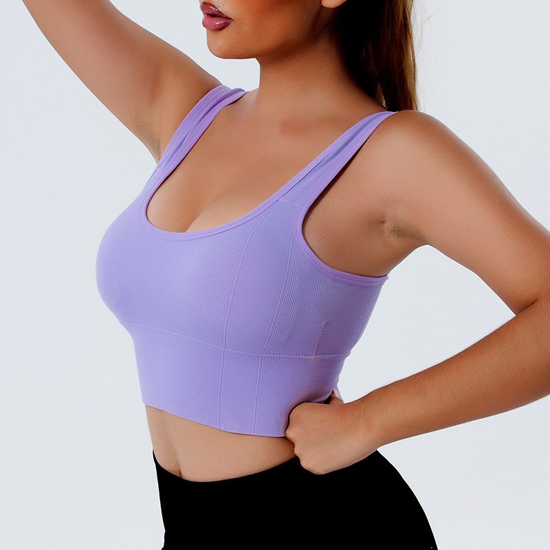 Women Ribbed Shockproof Yoga Vest Lady Thick Shoulder Strap Tight Gym Top Female Open Back Gather Running Fitness Bra