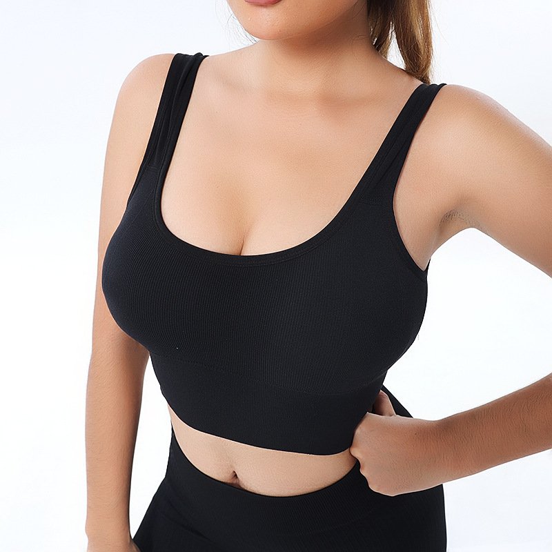 Women Ribbed Shockproof Yoga Vest Lady Thick Shoulder Strap Tight Gym Top Female Open Back Gather Running Fitness Bra