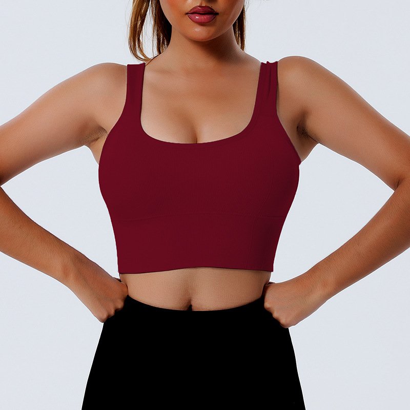 Women Ribbed Shockproof Yoga Vest Lady Thick Shoulder Strap Tight Gym Top Female Open Back Gather Running Fitness Bra
