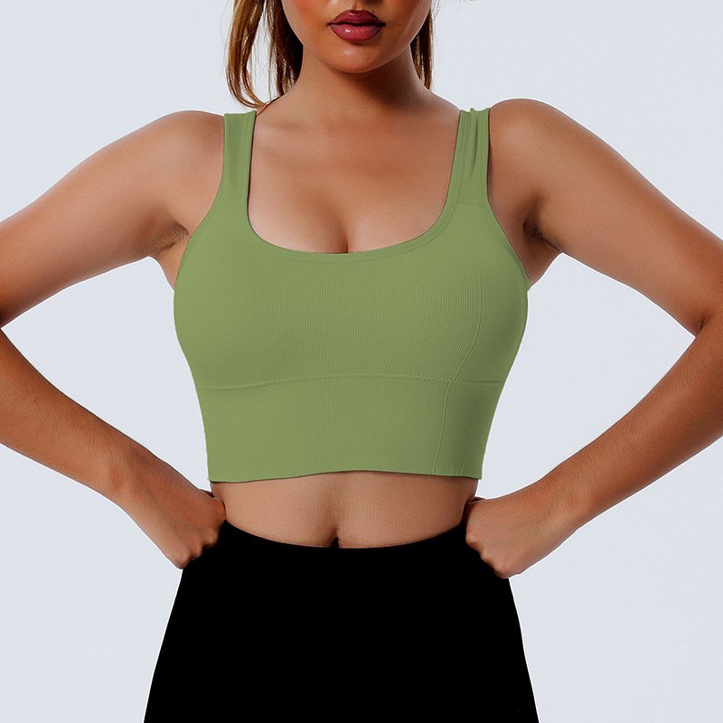 Women Ribbed Shockproof Yoga Vest Lady Thick Shoulder Strap Tight Gym Top Female Open Back Gather Running Fitness Bra