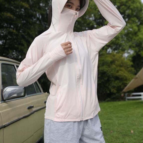 Solid Color Breathable Mesh Long Sleeves Outdoor Sunscreen Clothing with Masks Lightweight Hiking Suit
