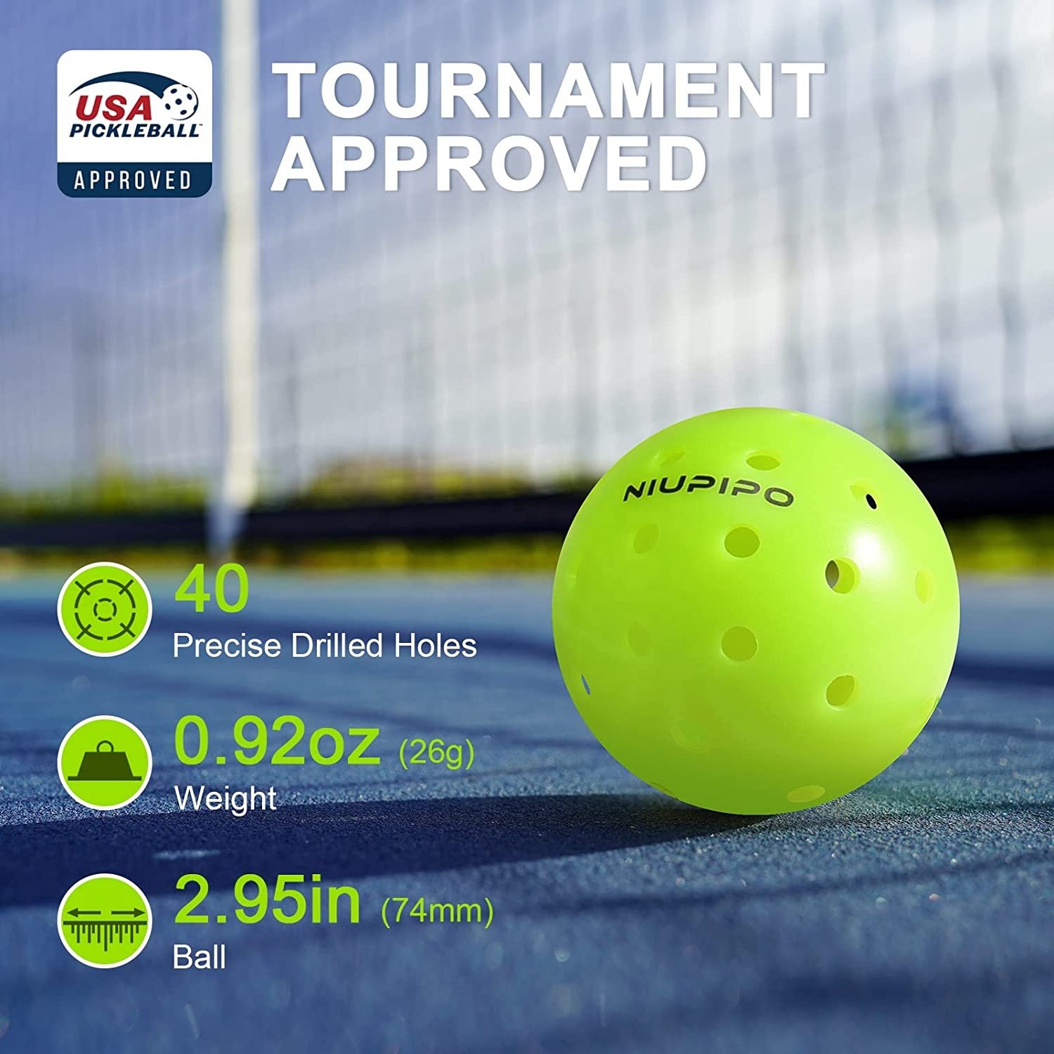 Niupipo Pickleball Balls OEM LOGO USAPA Approved High Elasticity Durable 40 Holes Seamless Outdoor Pickleballs
