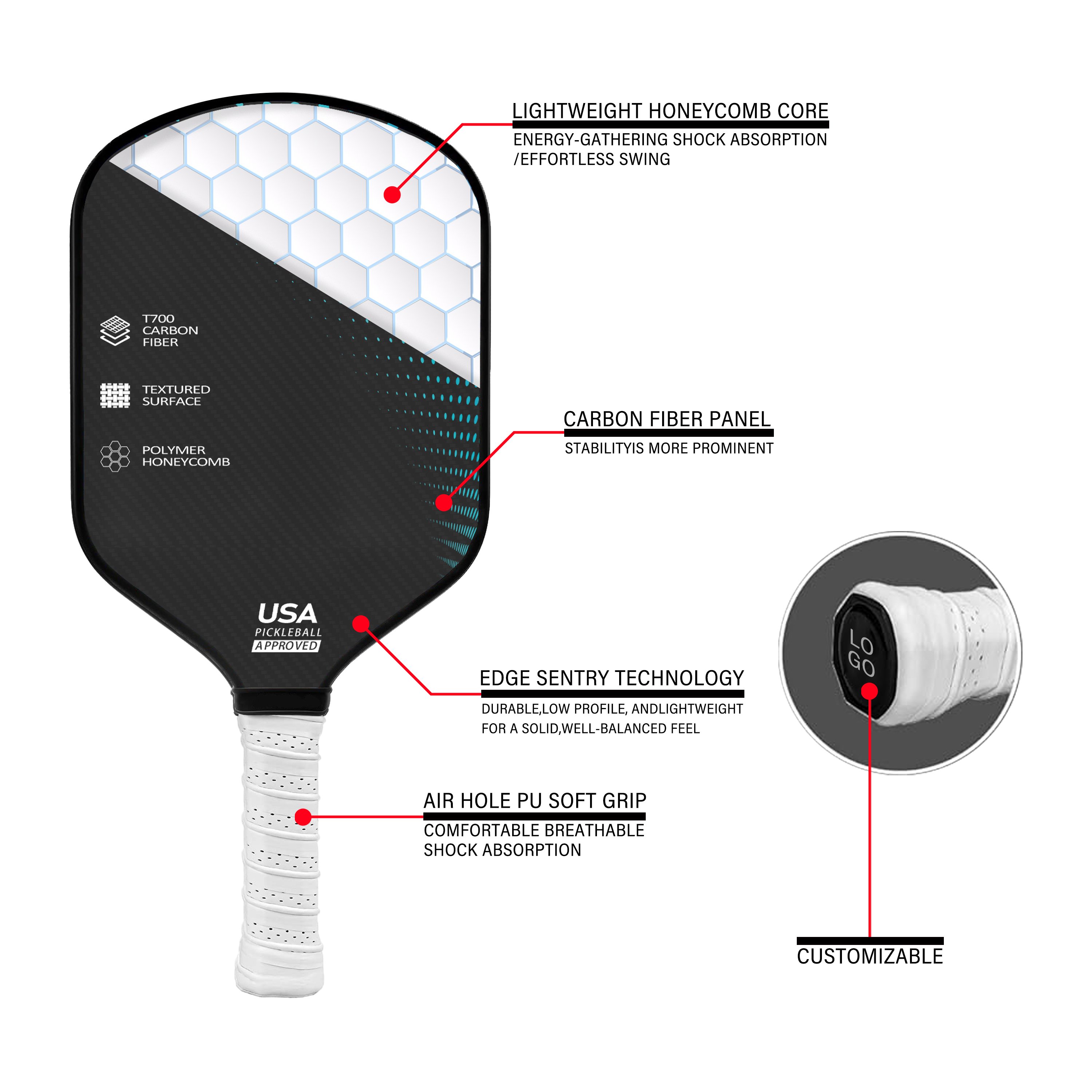 Custom Oem Carbon Fiber Graphite UV Printing 396mm Pickle Ball t300 Carbon Fiber Pickleball Paddle