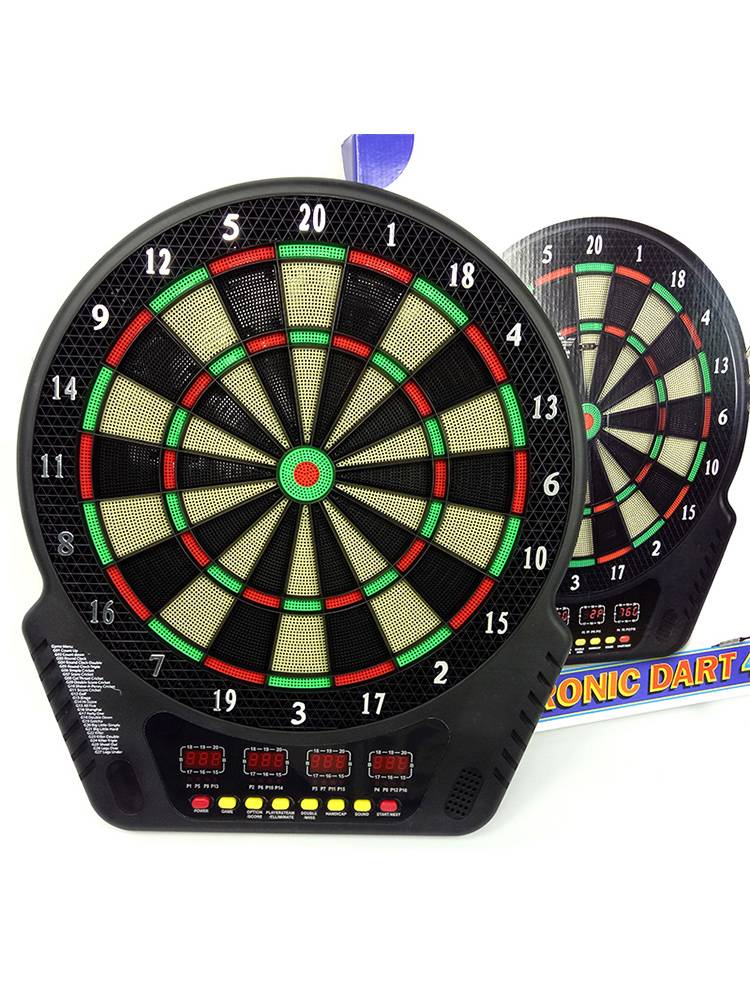 Flying plate electronic darts set up with a professional competition for children's toy darts in a safe soft target room