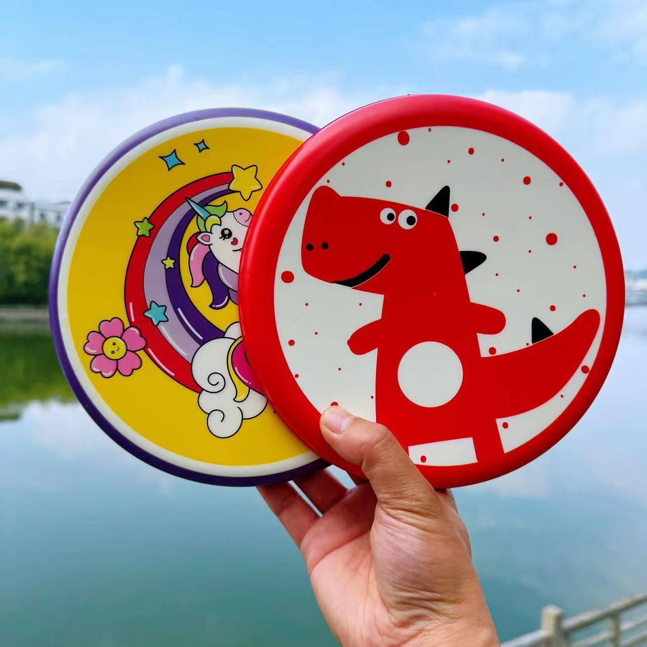 TWO 20CM SUPERVALENT RAINBOW HORSES + RED DINOSAUR