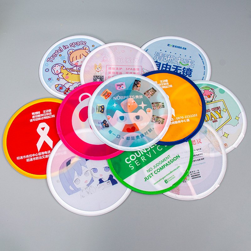 Customized Sublimation Printed Pop Up Round Hand Fan Flexible Foldable Nylon Flying Disc Frisbeed for Summer Promotional