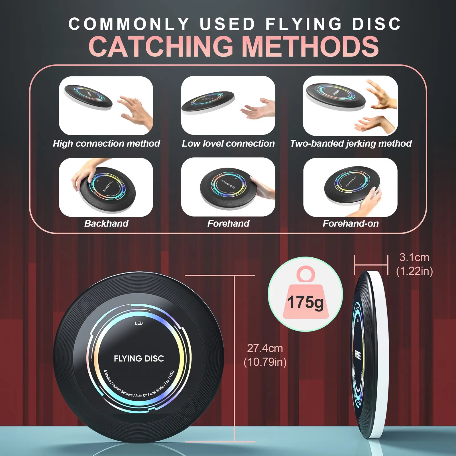 175g Frisbee Auto Light Up LED Flying Disc Glow Rechargeable Patent-Pending for Adult Outdoor Beach