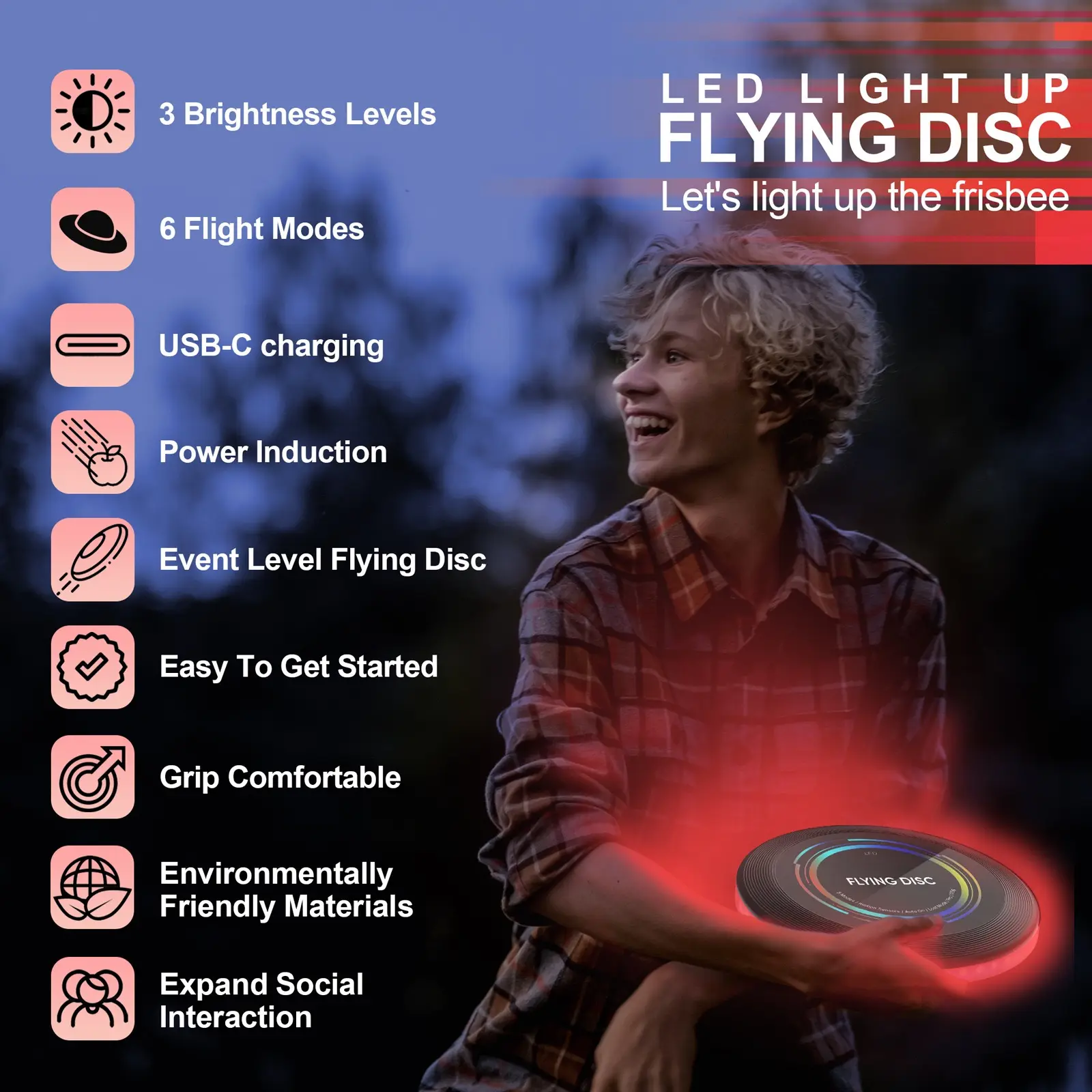 175g Frisbee Auto Light Up LED Flying Disc Glow Rechargeable Patent-Pending for Adult Outdoor Beach