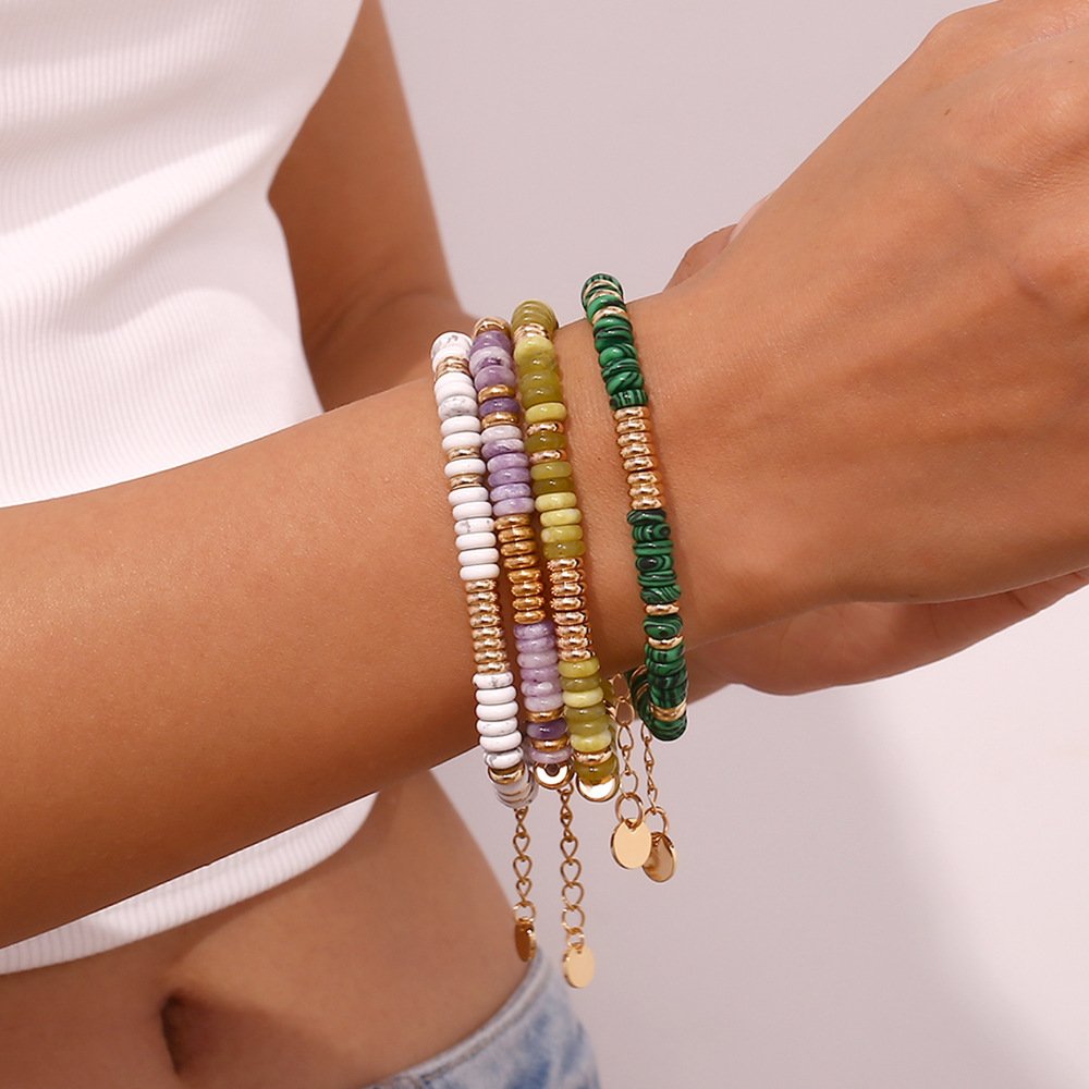 CR waterproof fashion niche retro hot necklace stainless steel plated 18K gold temperament Frisbee natural stone bead bracelet