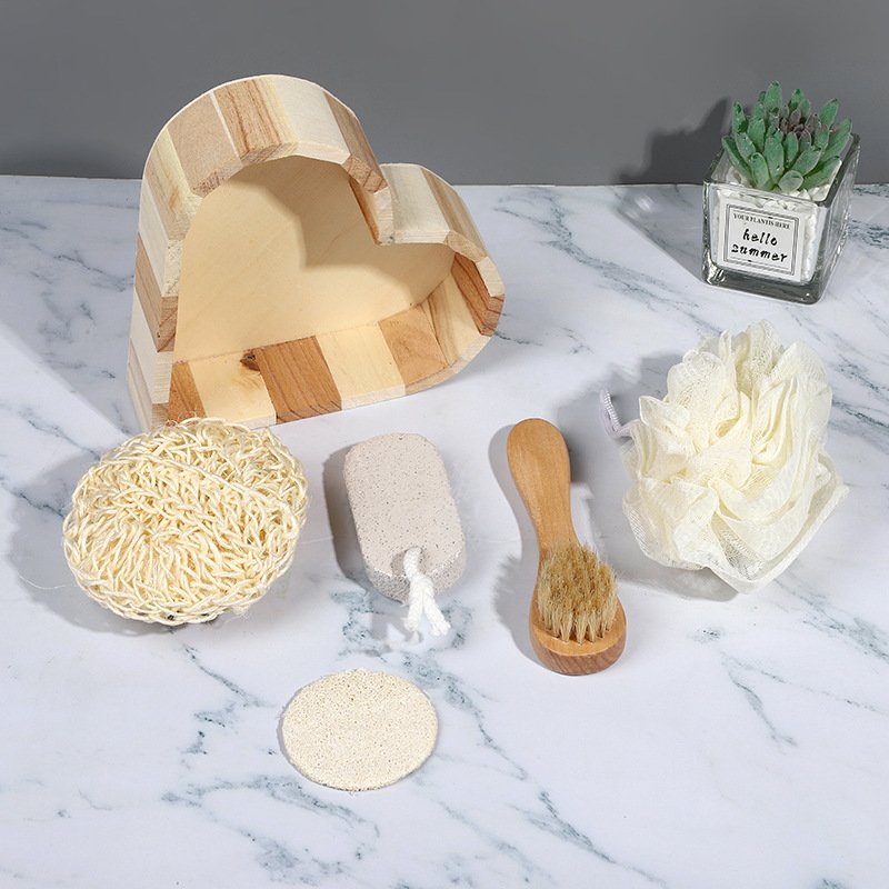 Customized Wooden Spa Massage Kit Body Gift Set Bath with Sisal Frisbee Loofah Slice Face Brush Oval Foot Stone Bath Flower
