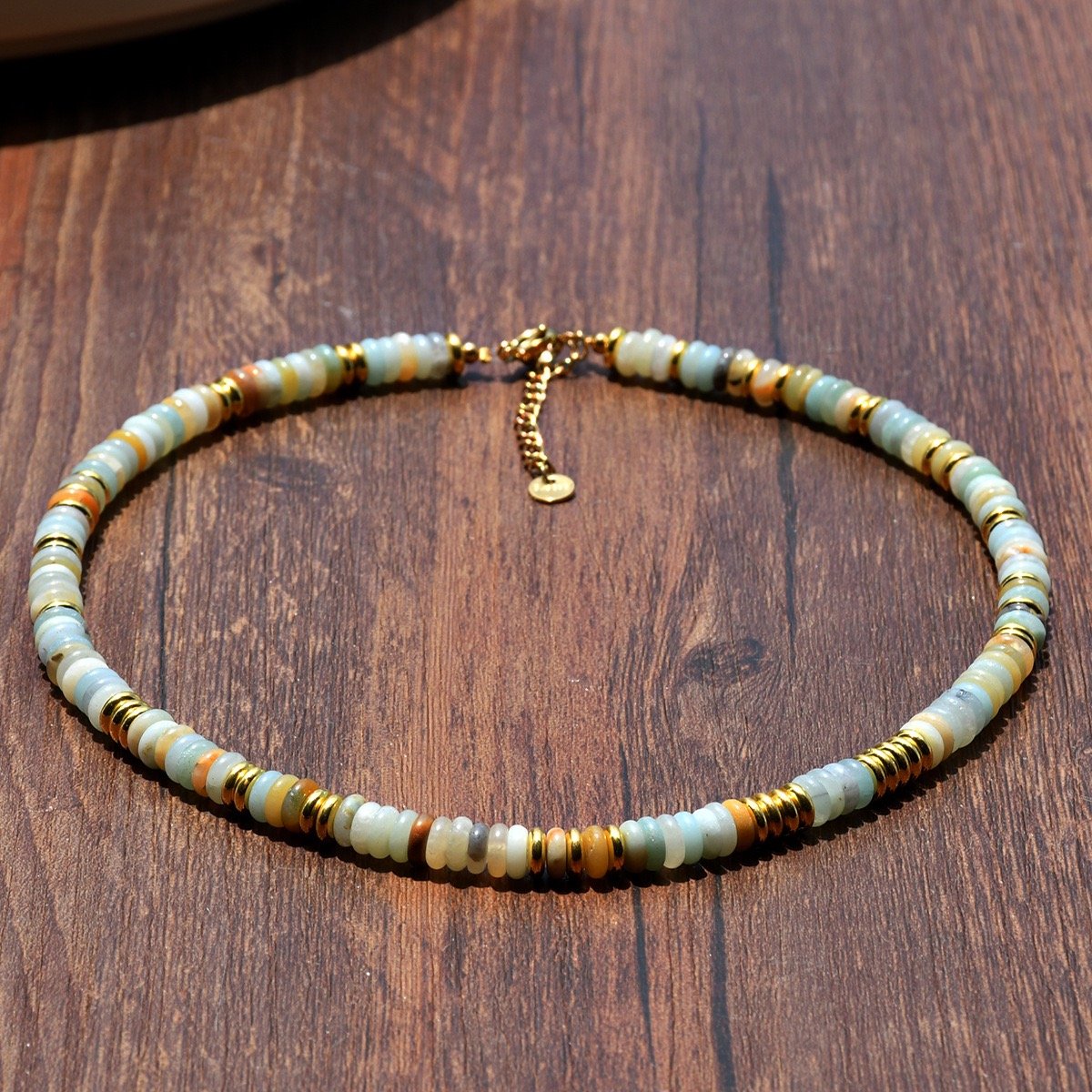 Bohemian Style Women's Necklace Fashionable Jade-Colored Frisbee New Ethnic Style Stainless Steel Jewelry with Gold Plating