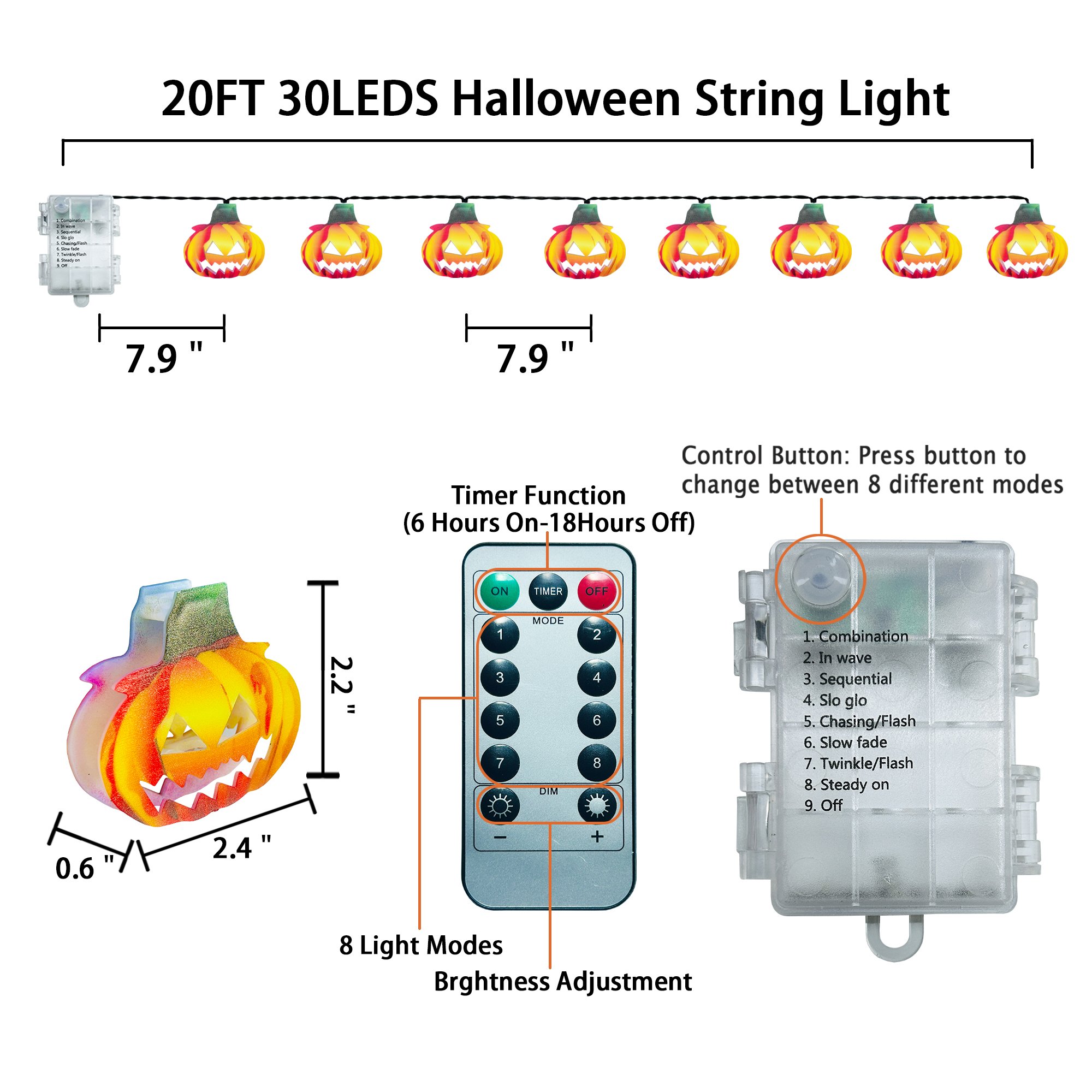 New Halloween Controlled Linear Battery Light Yellow White Black Pumpkin Christmas Decoration Light For Halloween Gothic
