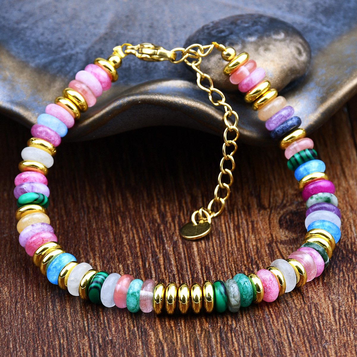 Natural Stone Tarnish Free Colorful Frisbee Beading Bracelets Loose Crystal Bracelet Healing Natural Stone Fine Beaded Bracelets