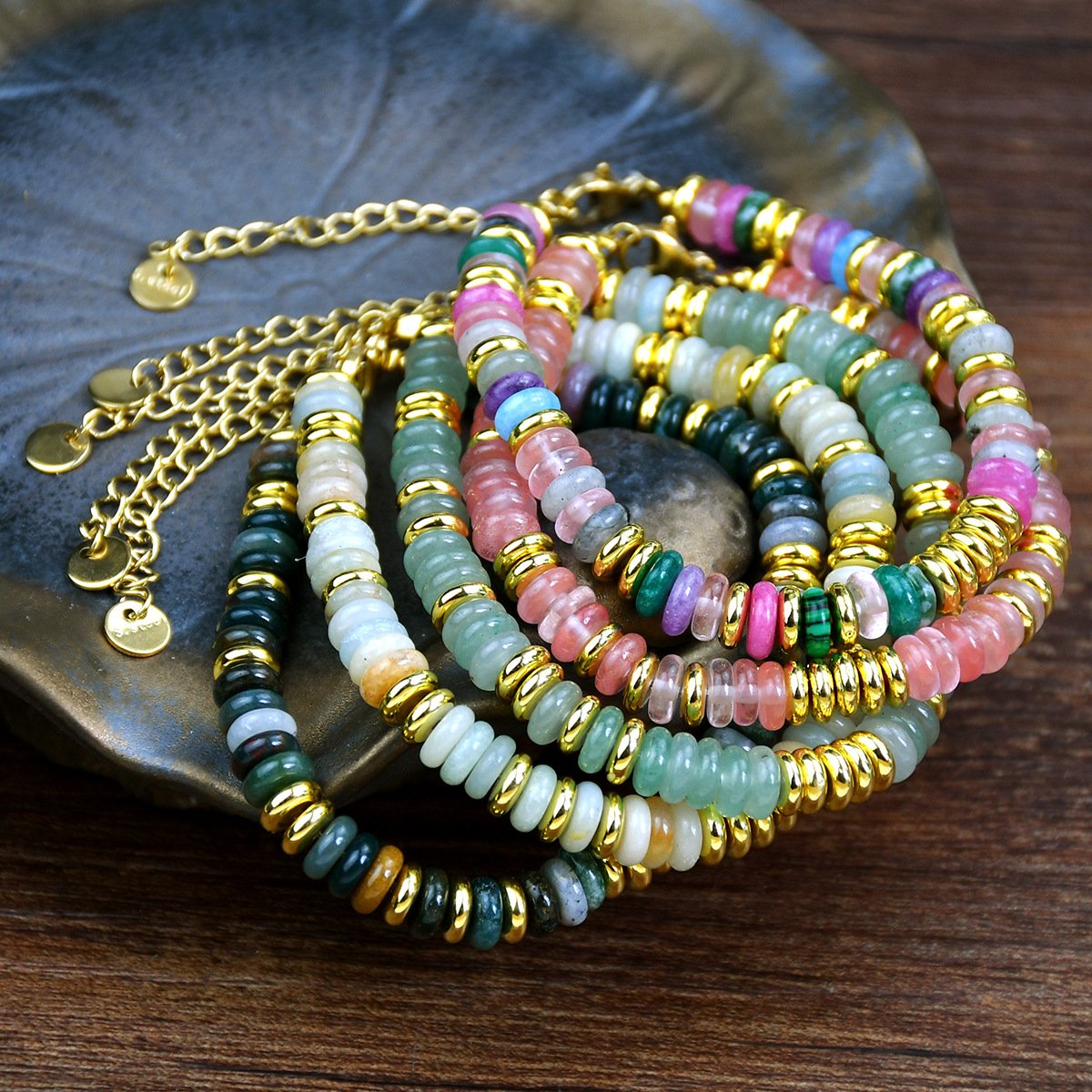 Natural Stone Tarnish Free Colorful Frisbee Beading Bracelets Loose Crystal Bracelet Healing Natural Stone Fine Beaded Bracelets