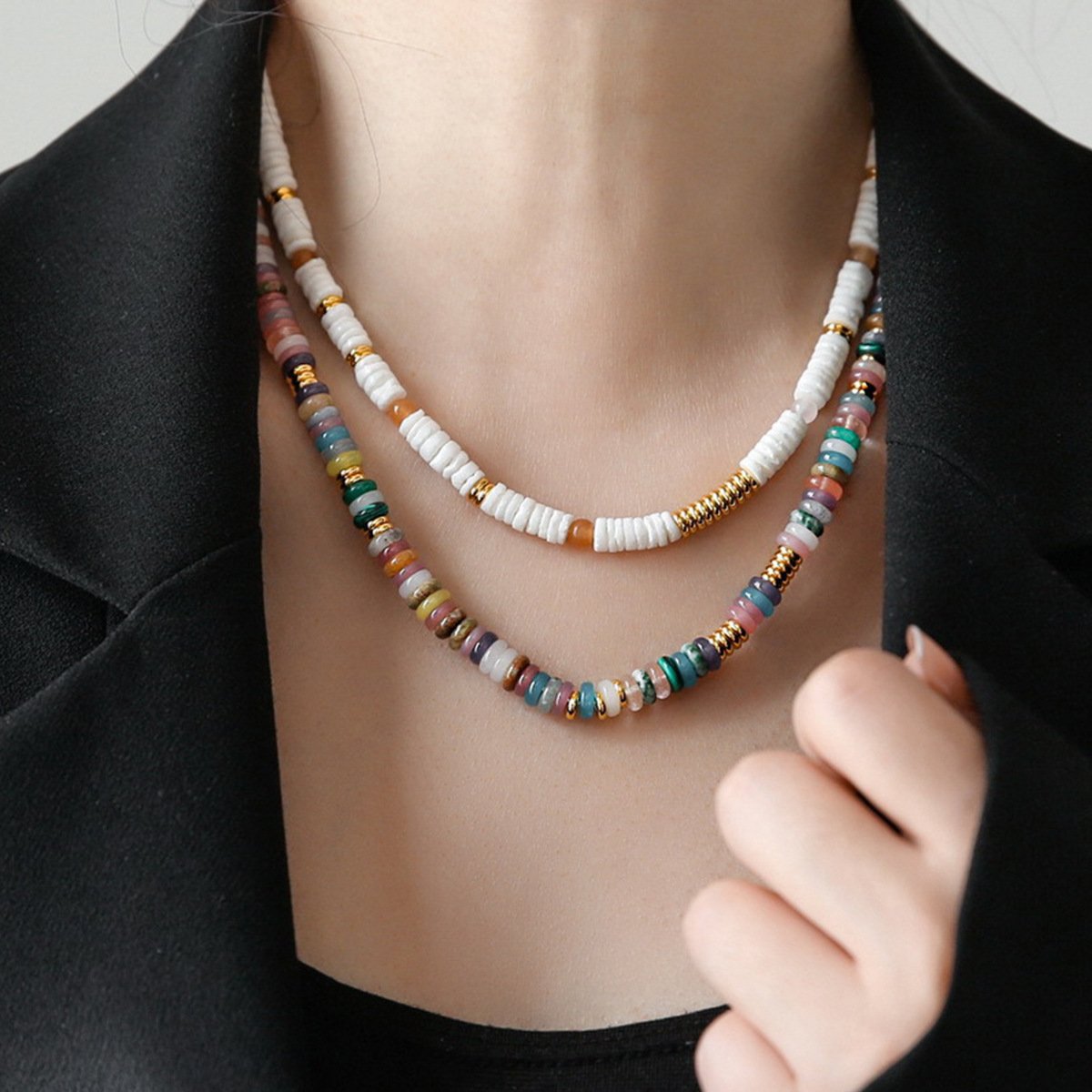 Fashion Colorful Natural Stone Frisbee Beads Necklace Handmade Boho Style White Shell Beads Chokers Necklaces For Women