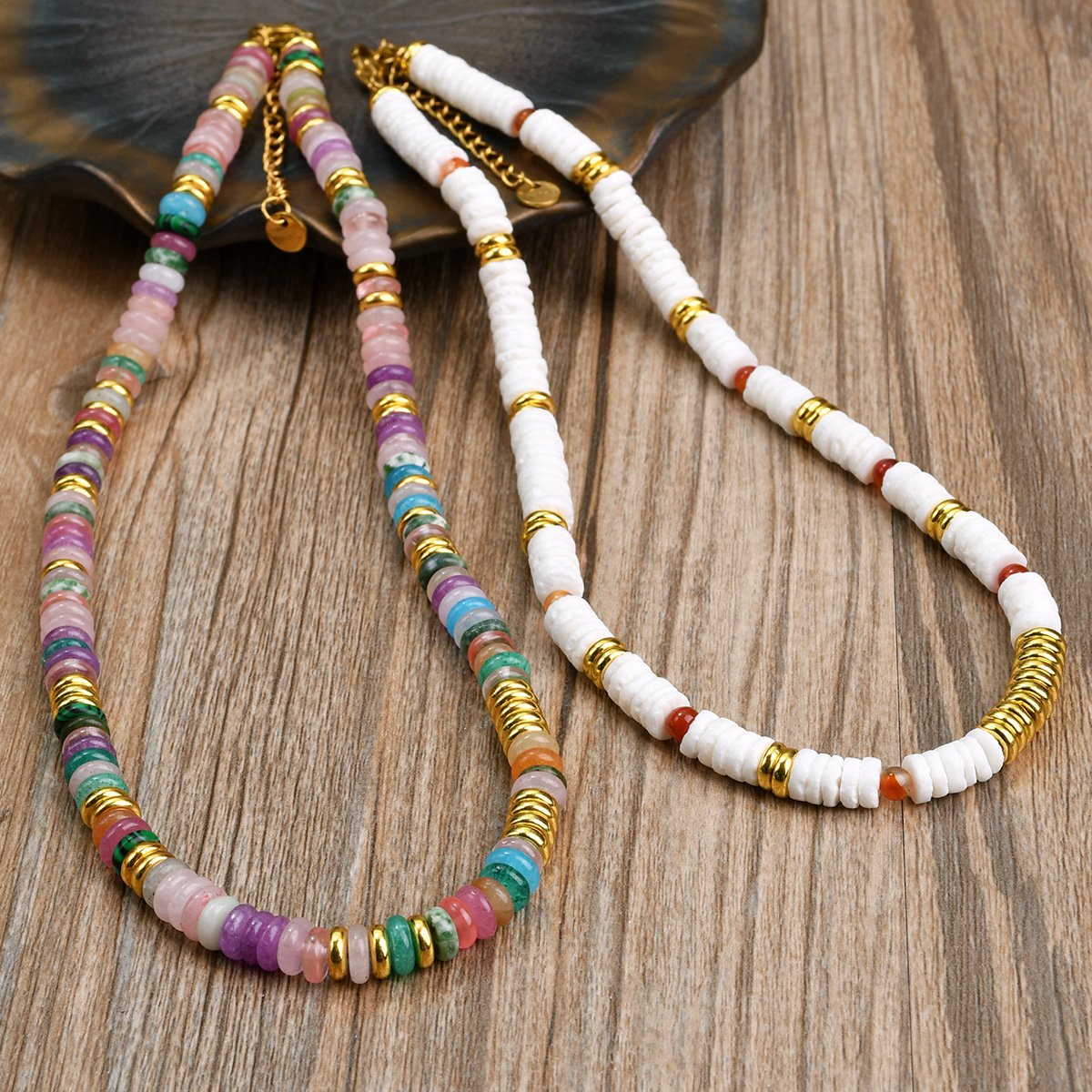 Fashion Colorful Natural Stone Frisbee Beads Necklace Handmade Boho Style White Shell Beads Chokers Necklaces For Women