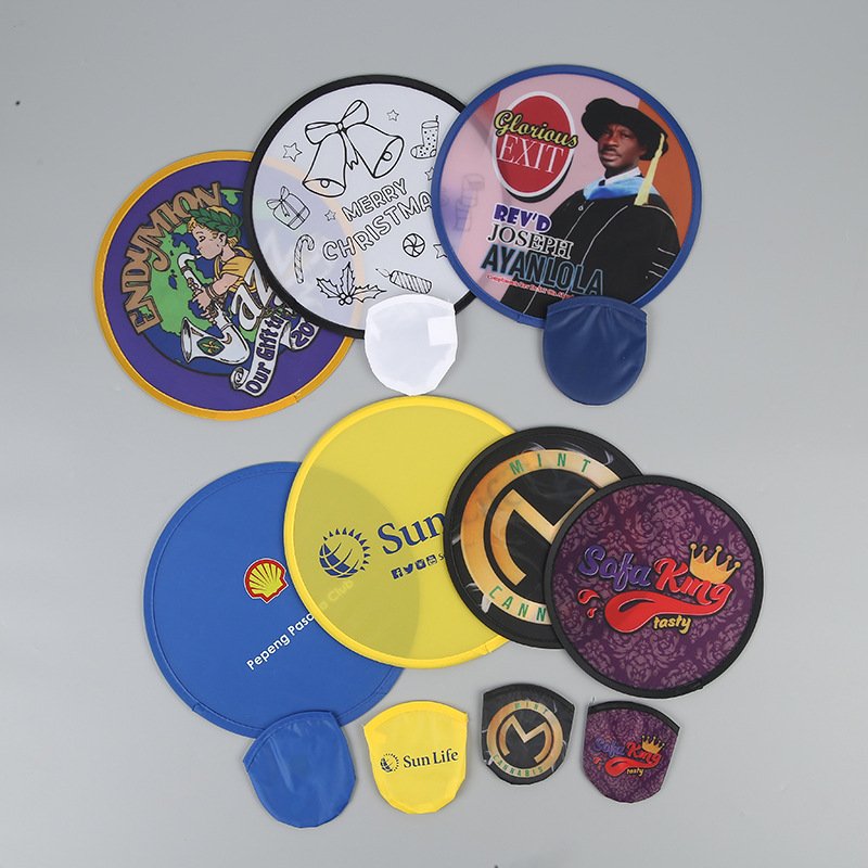 Custom Printed Soft Pet Flying Disc Round Nylon Hand Folding Fan With Pouch Foldable Flying Disc