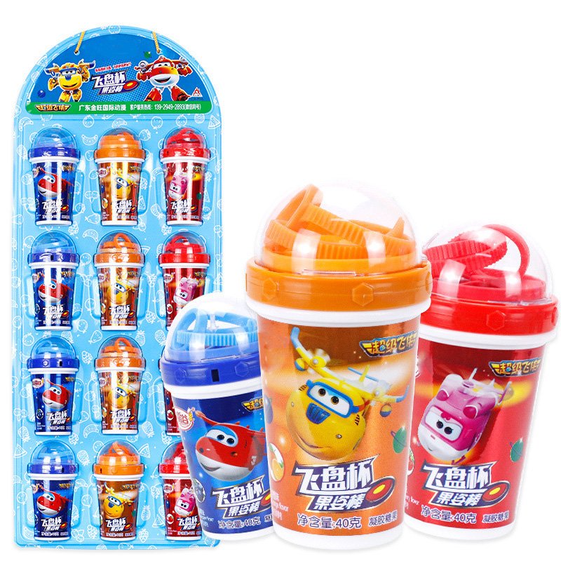 sweets wholesale 40g frisbee cup toy candy straw candy cartoon children's snack toy cc stick candy