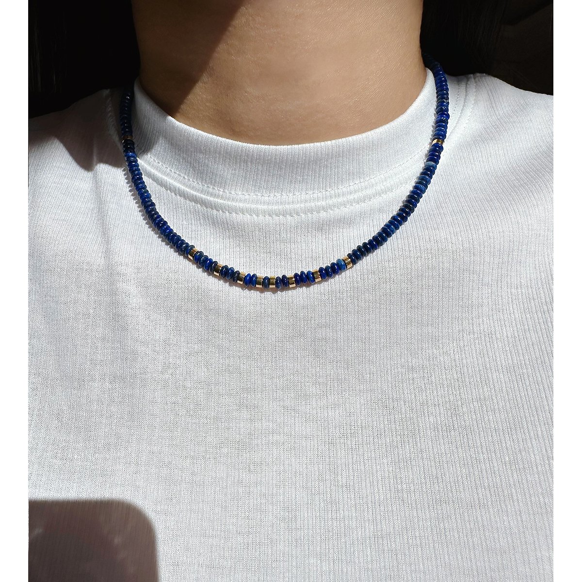 Frisbee Lapis Lazuli beaded necklace Natural stone female European and American niche premium atmospheric clavicle chain 478