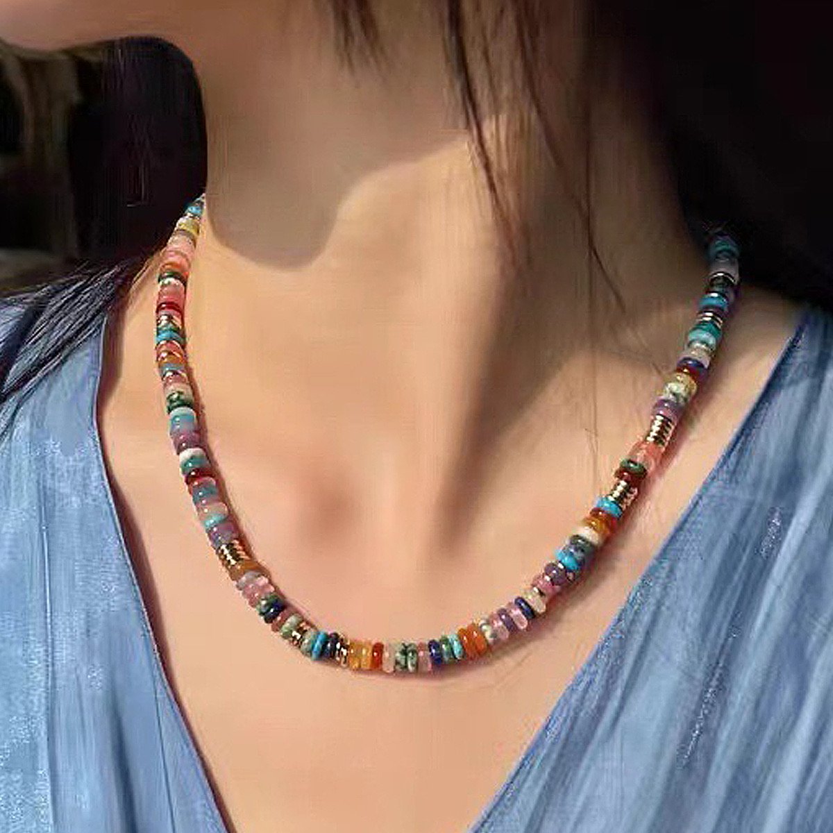 Bohemian Style Women's Stainless Steel Necklace Frisbee Pendant Ethereal Jade-Colored Gold Plating New Fashionable Ethnic