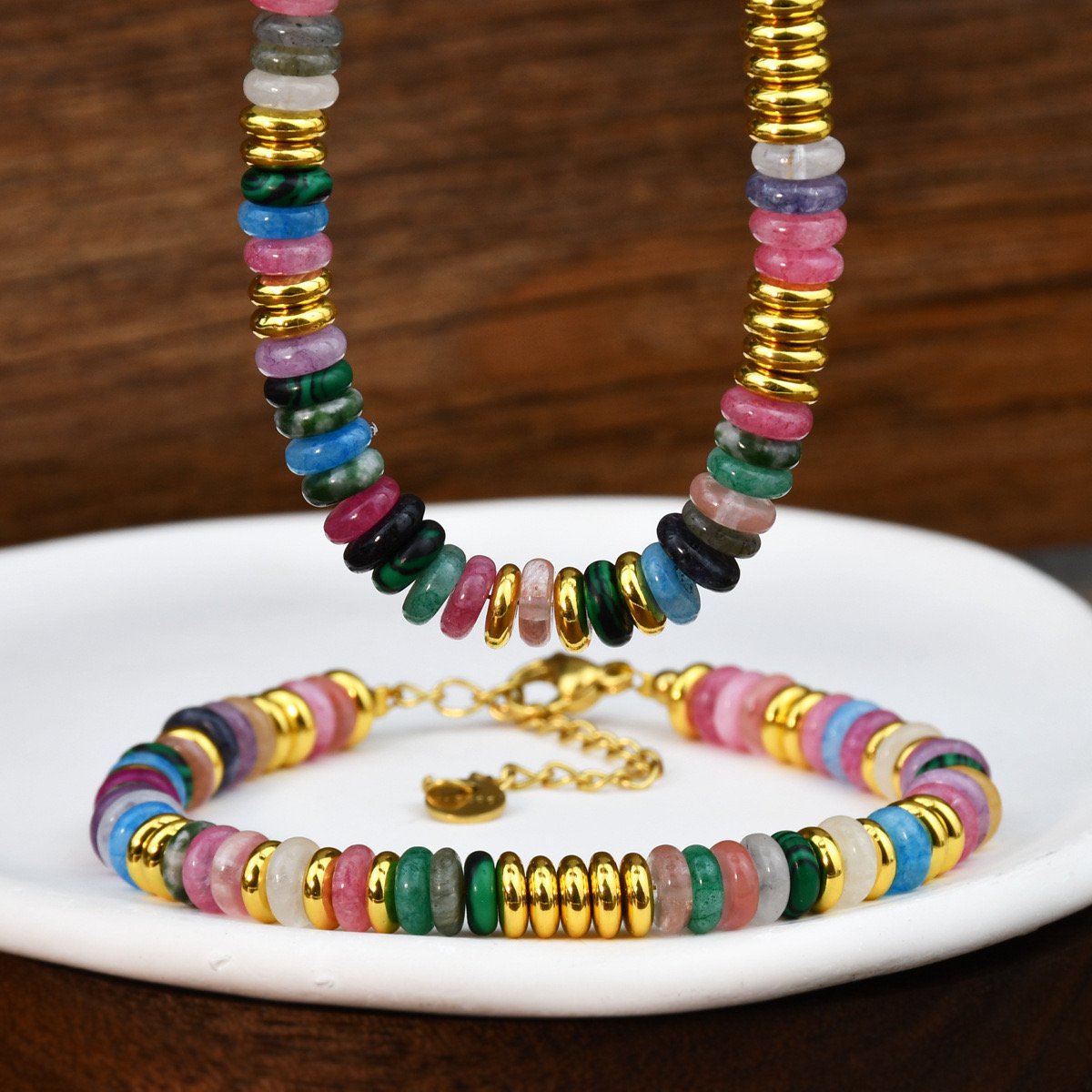Bohemian Style Women's Stainless Steel Necklace Frisbee Pendant Ethereal Jade-Colored Gold Plating New Fashionable Ethnic