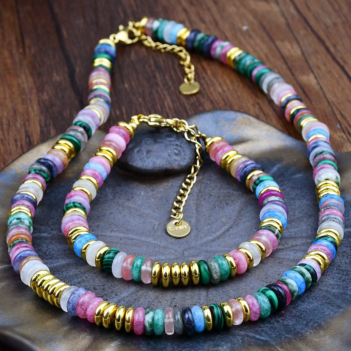 Bohemian Style Women's Stainless Steel Necklace Frisbee Pendant Ethereal Jade-Colored Gold Plating New Fashionable Ethnic