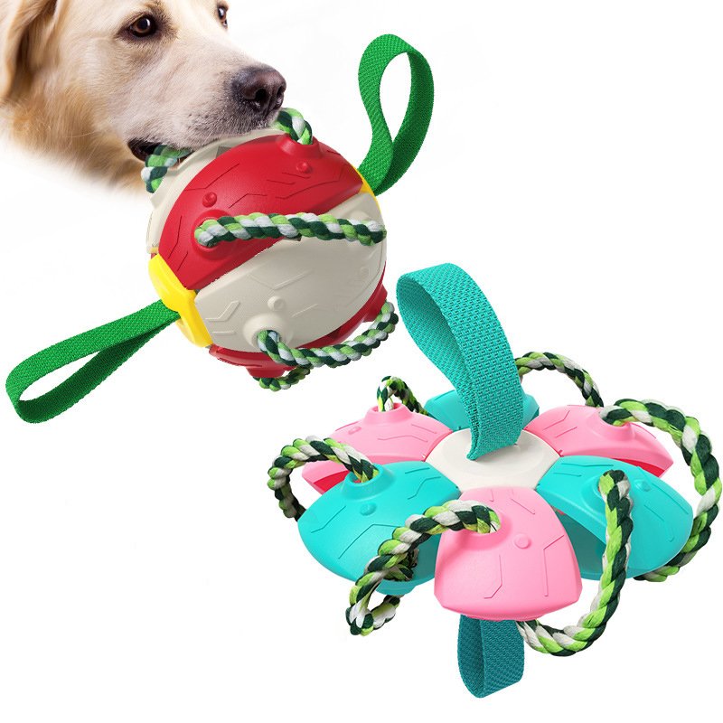 2 in 1 Pet Squeak Training Toys Frisbee Outdoor Training Dog Interactive Soccer Toy with Straps Bite Resistant for Dogs