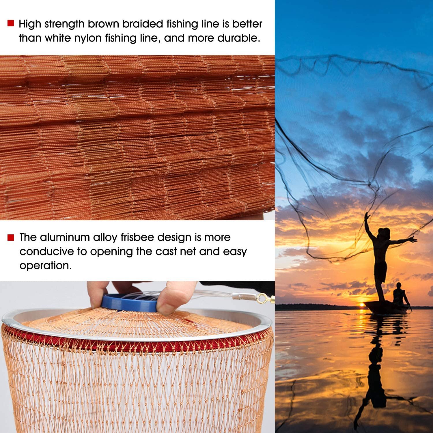 American Tire Lines Fishing Cast Net with Aluminum Frisbee for Bait Trap Fish 5FT