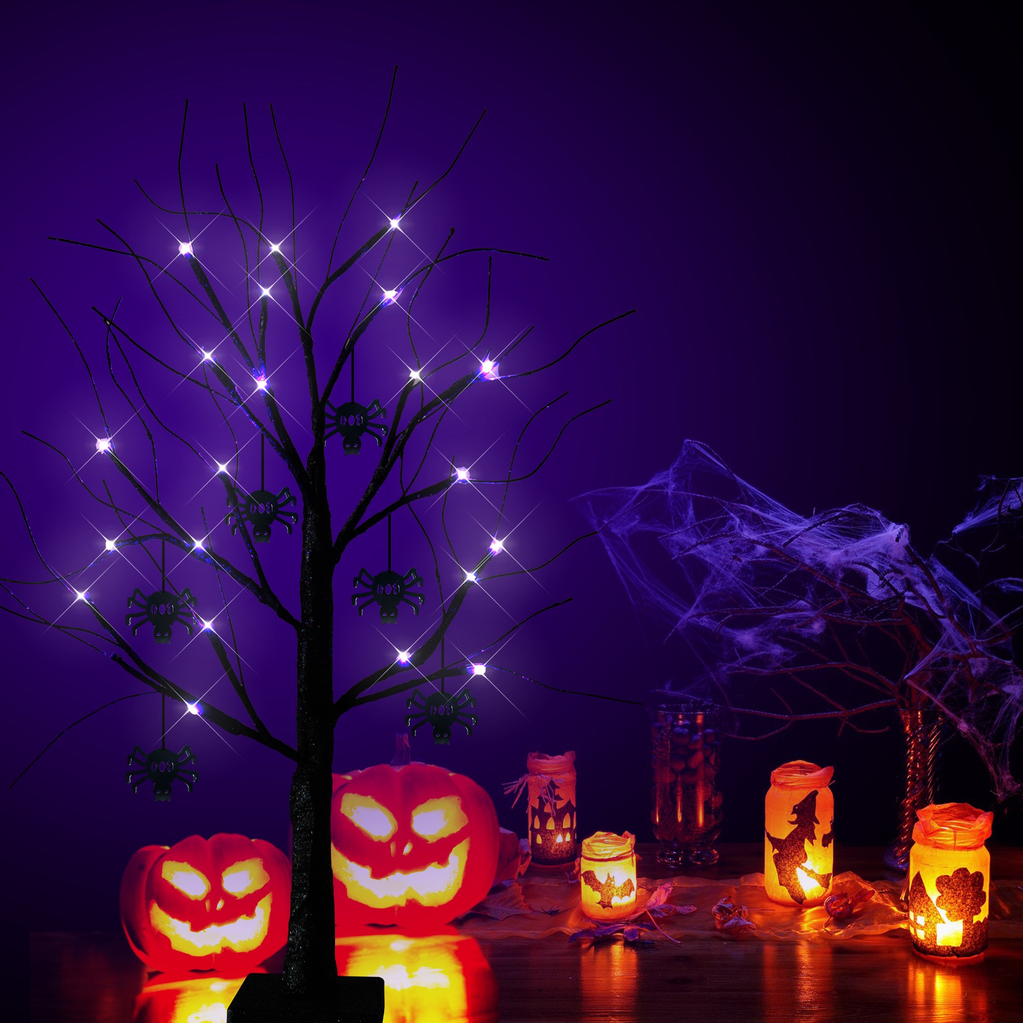 New Halloween 24L tree light black branches glitter round square battery box Christmas Decoration Light For Halloween