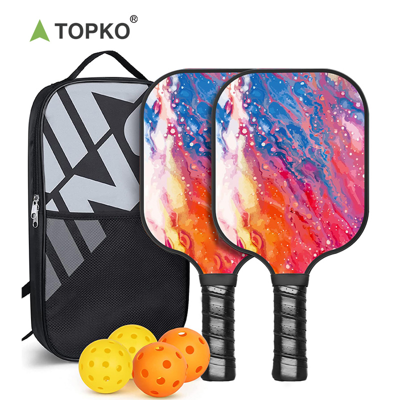 TOPKO In Stock Fiberglass Pickleball Paddle Set Colored pattern outdoor sports 4-ball, 2-racket, 1-pack pickleball Racket set