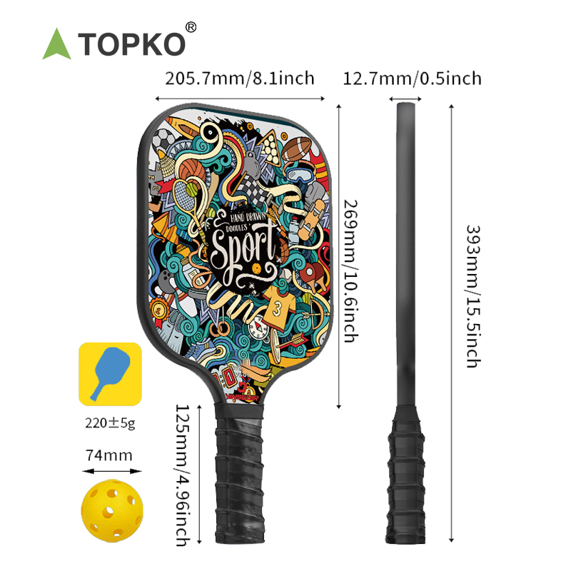TOPKO In Stock Fiberglass Pickleball Paddle Set Colored pattern outdoor sports 4-ball, 2-racket, 1-pack pickleball Racket set