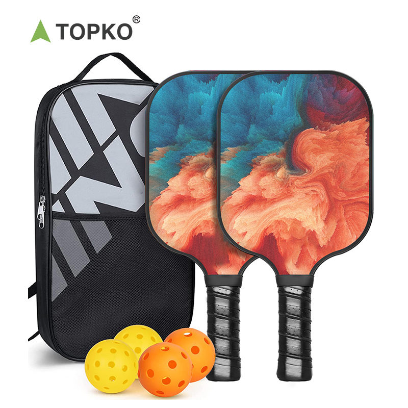 TOPKO In Stock Fiberglass Pickleball Paddle Set Colored pattern outdoor sports 4-ball, 2-racket, 1-pack pickleball Racket set